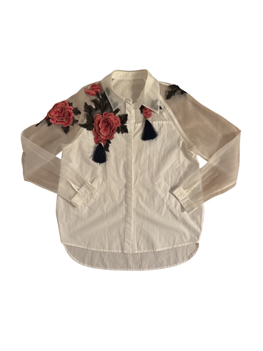 Vintage Sheer Organza Sleeve Button-Down Shirt with Red Rose Appliqué